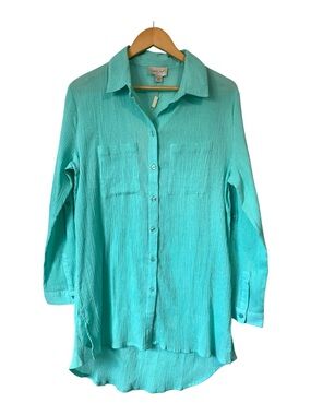 NWT Charlie Paige Cotton Woven Crinkle Dress Shirt button front teal Medium